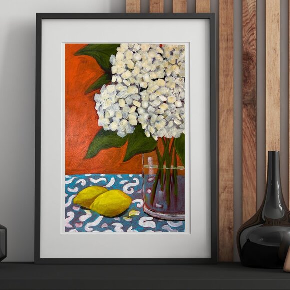 Original Acrylic Hydrangeas Still Life Painting  Farmhouse Wall Decor Retro Art - Picture 2 of 8